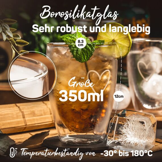 ElbFuchs® Latte Macchiato Gläser doppelwandig [4x 350ml] GESCHENKIDEE mit HERZ | Kristallklare Thermogläser doppelwandig | Ideal als Cappuccino Gläser | Kaffeegläser | Teegläser
