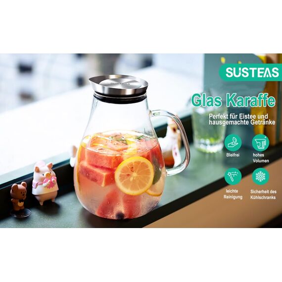 SUSTEAS 2 Liter 70 Unzen Glas Karaffe Krug mit Deckel und Auslauf, Wasserkaraffe, Eistee Krug, Saft Krug, für hausgemachte Getränke/Eistee/Milch/Kaffee/Wein