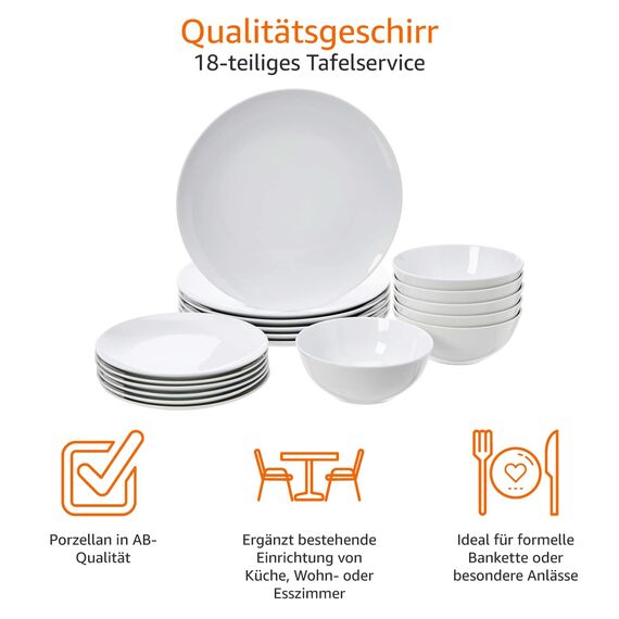 Amazon Basics Geschirrservice für 6 Personen, 18 Stück, Weißes Porzellan Coupe
