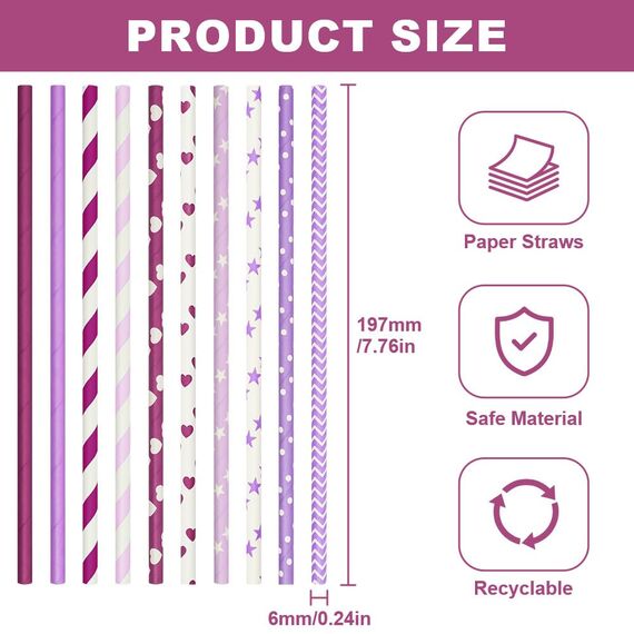 Vicloon 150pcs Strohhalme Trinkhalme Papier Biologisch Abbaubare, Lila Papier Trinkhalme Geeignet für Partys, Hochzeiten und Anlässe, Party Strohhalme, 10 Lilatöne