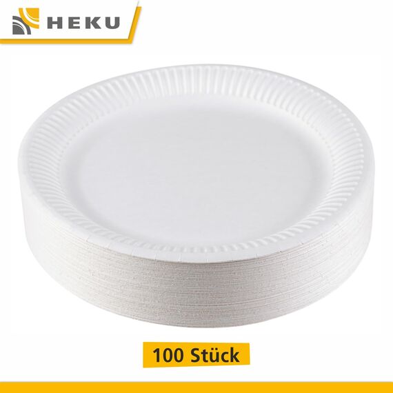 HEKU große Pappteller Ø 23cm, 100 Stück, weiß I 100% Kompostierbar I Robustes 220g/m² Frischfaser I Ideal für verschiedenste Anlässe I Umweltfreundliche Einwegteller
