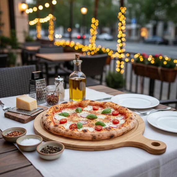 hausleben Pizzabrett 2er Set Ø 35x46x,2,0 cm aus Bambus – Rundes Pizza-Servierbrett mit Griff & Saftrille – Schneidebrett für Pizza, Brot & Snacks – Nachhaltig & robust