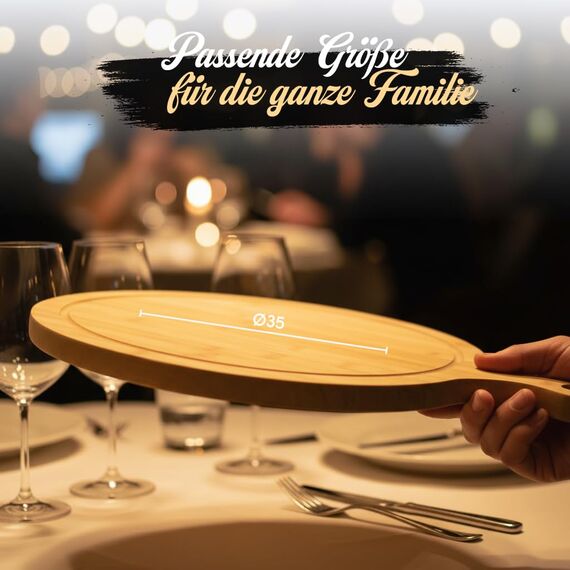 hausleben Pizzabrett 2er Set Ø 35x46x,2,0 cm aus Bambus – Rundes Pizza-Servierbrett mit Griff & Saftrille – Schneidebrett für Pizza, Brot & Snacks – Nachhaltig & robust