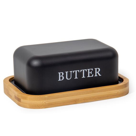 SYLANDO Butterdose , Butterglocke für 250 g Butter , Butter Dish aus Edelstahl , Butterschale mit Edlem & Nachhaltigem Bambusdeckel (Schwarz-15)