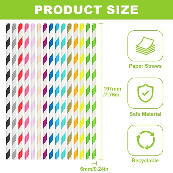 Vicloon 150pcs Strohhalme Trinkhalme Papier Biologisch Abbaubare, Streifen Papier Trinkhalme Geeignet für Partys, Hochzeiten und Anlässe, Party Strohhalme, 15 Streifen