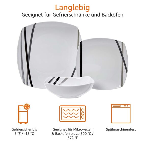 Amazon Basics Geschirrservice, 18 Stück, Moderne Strahlen, für 6 Personen