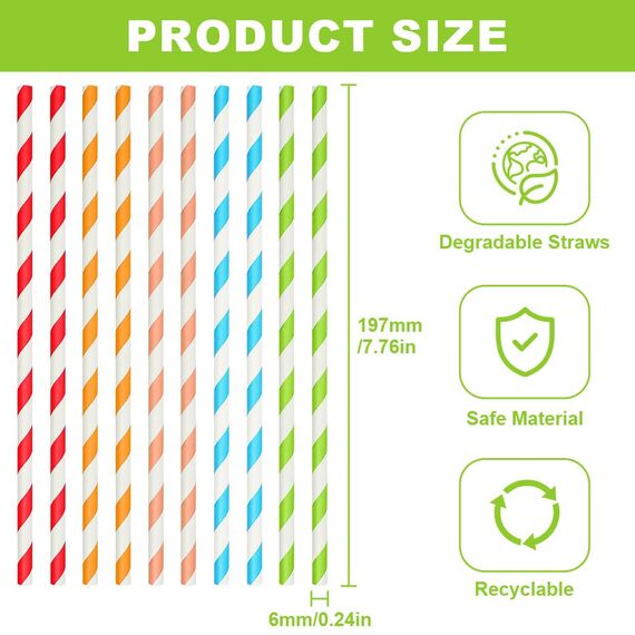 Vicloon Strohhalme Papier, Trinkhalme Papier Biologisch Abbaubare, Bunte Trinkhalme Geeignet für Partys, Hochzeiten und Anlässe, Party Strohhalme 5 Farben, 200 PCS