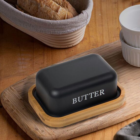 SYLANDO Butterdose , Butterglocke für 250 g Butter , Butter Dish aus Edelstahl , Butterschale mit Edlem & Nachhaltigem Bambusdeckel (Schwarz-15)
