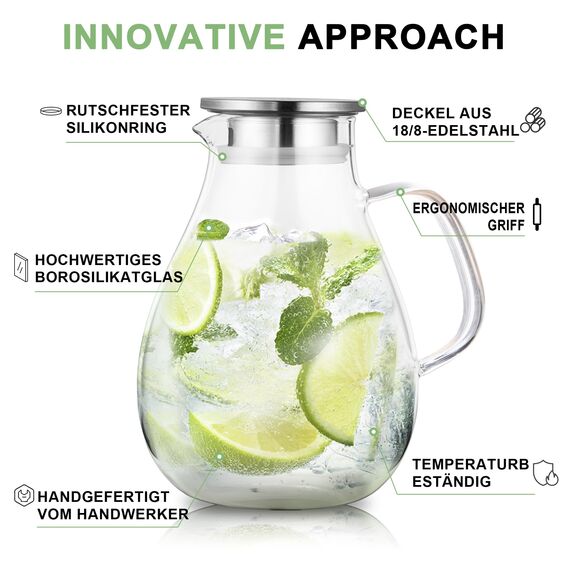 SUSTEAS 2.5 Liter 75oz Wasserkaraffe, Glaskaraffe mit Deckel und Breitem Griff, Leicht zu Reinigender Glas Karaffe für den Kühlschrank, Wasserkrug für Kaltes/Heißes Wasser, Eistee, Mit Bürste