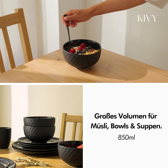 KIVY Müslischalen Set - 6 x850ml - Große Bowls, Suppen & Porridge - Suppenschüssel - Schüssel - Müslischüsseln - Suppenschalen - Schalen Set - Müsli Schüssel Keramik (Cremeweiß, Schalen)