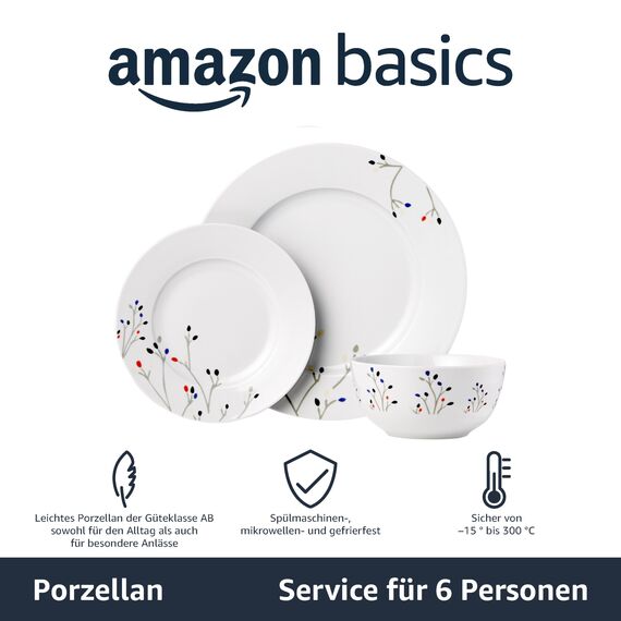 Amazon Basics Geschirrservice, 18 Stück, Zweige, für 6 Personen