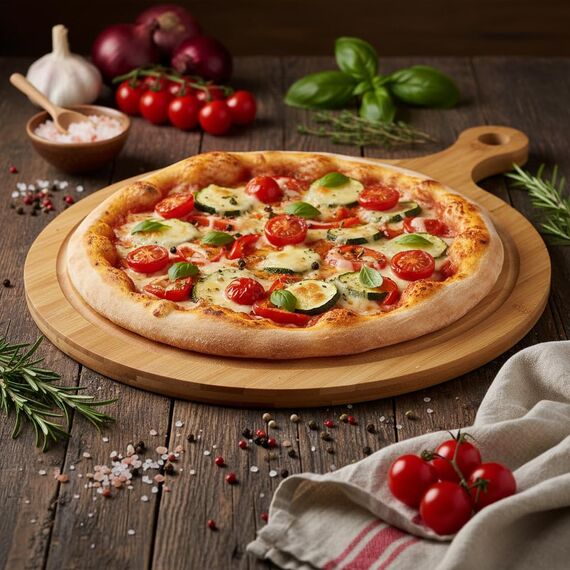 hausleben Pizzabrett 2er Set Ø 35x46x,2,0 cm aus Bambus – Rundes Pizza-Servierbrett mit Griff & Saftrille – Schneidebrett für Pizza, Brot & Snacks – Nachhaltig & robust