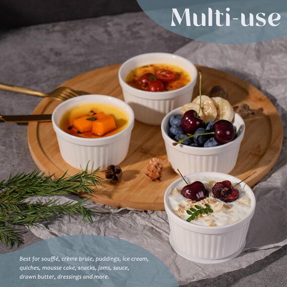 Highkit Creme Brulee Schälchen 6 Stück, 9 cm - 200 ml Souffle Förmchen Backofenfest, Souffleeförmchen Schüsseln, Creme Brulee Schalen, Keramikförmchen Ofenfeste Förmchen, Ragout Fin Schalen,Weiß
