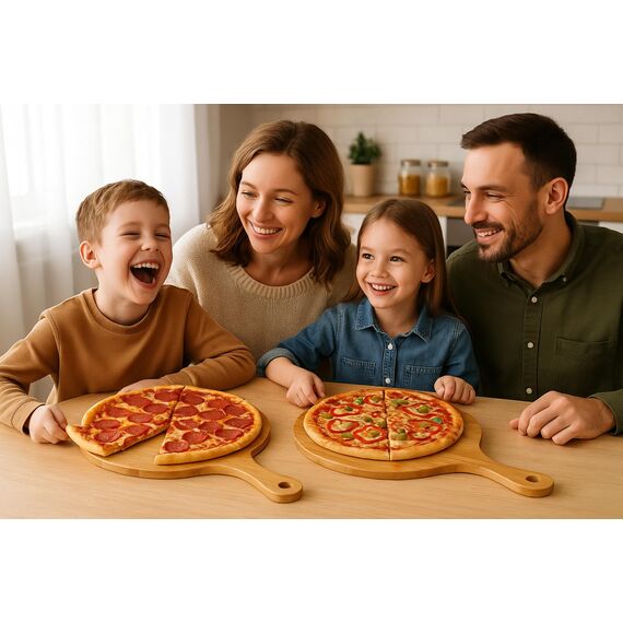 hausleben Pizzateller 33cm holz (2er-3er-4er Set) - Pizzabrett groß mit Griff, Platzteller, Pizzabrett rund, pizza holzbrett, pizza plate, pizza schneiderbrett, Serviceteller