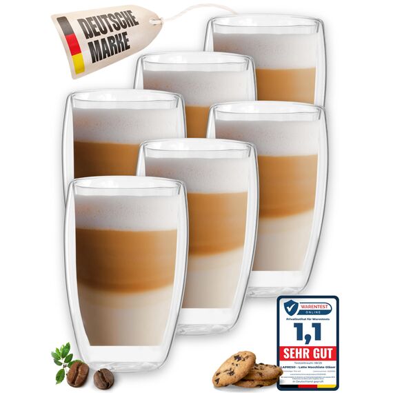 LAPRESO® Latte Macchiato Gläser doppelwandig 6er Set 450ml - Doppelwandige Gläser modernes Design Cappuccino Tassen Teegläser aus Borosilikatglas
