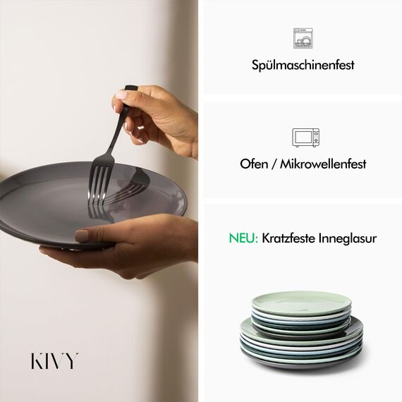 KIVY Geschirrset 6 Personen [Kratz & Spülmaschinenfest] 6x27cm + 6x22cm - Teller Set 12-teilig modern - Geschirr Set - Kombiservice - Geschirrset grün - Speiseteller - Essteller - Essgeschirr