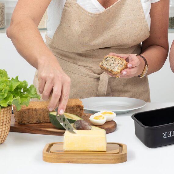 SYLANDO Butterdose , Butterglocke für 250 g Butter , Butter Dish aus Edelstahl , Butterschale mit Edlem & Nachhaltigem Bambusdeckel (Schwarz-15)