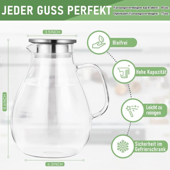 SUSTEAS 2.5 Liter 75oz Wasserkaraffe, Glaskaraffe mit Deckel und Breitem Griff, Leicht zu Reinigender Glas Karaffe für den Kühlschrank, Wasserkrug für Kaltes/Heißes Wasser, Eistee, Mit Bürste