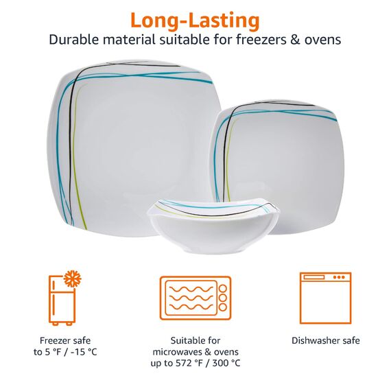 Amazon Basics Geschirrservice, Weiche Linien, für 6 Personen, 18 Stück