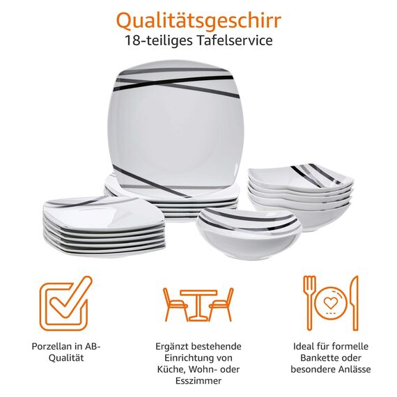Amazon Basics Geschirrservice, 18 Stück, Moderne Strahlen, für 6 Personen
