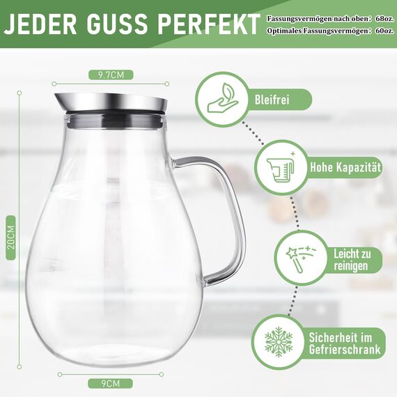 SUSTEAS 2 Liter 70 Unzen Glas Karaffe Krug mit Deckel und Auslauf, Wasserkaraffe, Eistee Krug, Saft Krug, für hausgemachte Getränke/Eistee/Milch/Kaffee/Wein