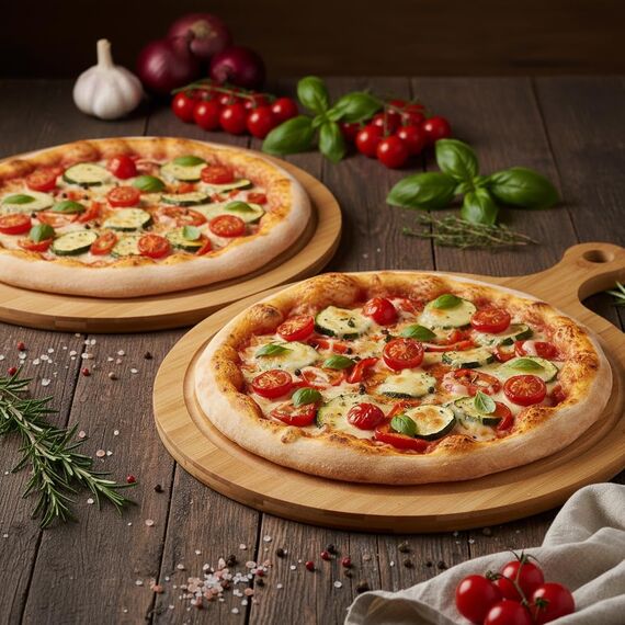 hausleben Pizzabrett 2er Set Ø 35x46x,2,0 cm aus Bambus – Rundes Pizza-Servierbrett mit Griff & Saftrille – Schneidebrett für Pizza, Brot & Snacks – Nachhaltig & robust