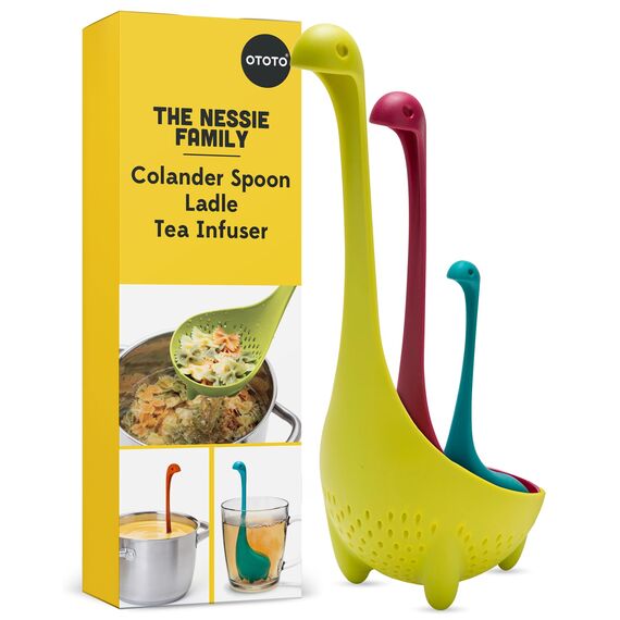 OTOTO The Nessie Family Soup Ladle and Tea Infuser Set - Durable Silicone, Colander for Cooking & Tea Infusers - 100% Food safe, BPA Free Spoon - Heat Resistant Fun Kitchen Gadgets