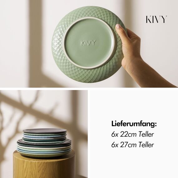KIVY Geschirrset 6 Personen [Kratz & Spülmaschinenfest] 6x27cm + 6x22cm - Teller Set 12-teilig modern - Geschirr Set - Kombiservice - Geschirrset grün - Speiseteller - Essteller - Essgeschirr