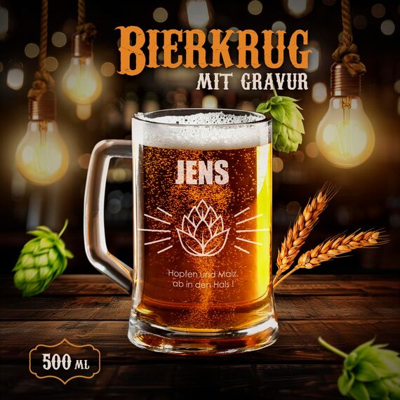 Maverton Bierkrug mit Gravur - personalisiert - 500 ml - Geburtstagsgeschenk für Herren - Geschenkidee für Bierfreunde - Weihnachtsgeschenke - Malz