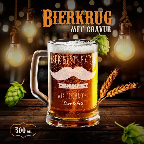 Maverton Bierkrug mit Gravur - personalisiert - 500 ml - Geburtstagsgeschenk für Herren - Geschenkidee für Bierfreunde - Weihnachtsgeschenke - Schnurrbart