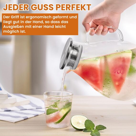 SUSTEAS 3.0 Liter 101 Unzen Wasserkaraffe, Glaskaraffe mit Deckel und Breitem Griff, Leicht zu Reinigender Glaskaraffe für den Kühlschrank, Wasserkrug für Eistee/Milch/Kaffee/Wein, Karaffen Mit Bürste