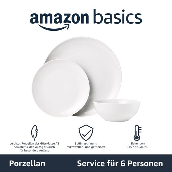 Amazon Basics Geschirrservice für 6 Personen, 18 Stück, Weißes Porzellan Coupe