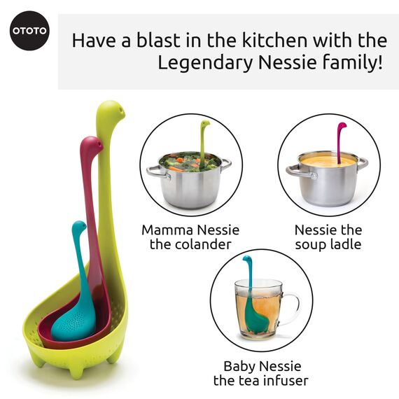 OTOTO The Nessie Family Soup Ladle and Tea Infuser Set - Durable Silicone, Colander for Cooking & Tea Infusers - 100% Food safe, BPA Free Spoon - Heat Resistant Fun Kitchen Gadgets