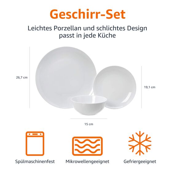 Amazon Basics Geschirrservice für 6 Personen, 18 Stück, Weißes Porzellan Coupe