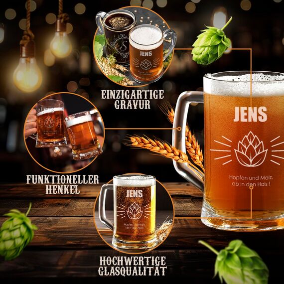 Maverton Bierkrug mit Gravur - personalisiert - 500 ml - Geburtstagsgeschenk für Herren - Geschenkidee für Bierfreunde - Weihnachtsgeschenke - Malz