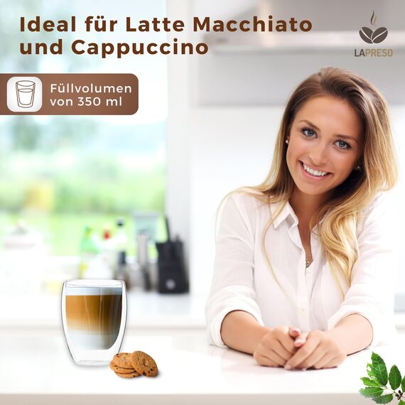 LAPRESO® Latte Macchiato Gläser doppelwandig 6er Set 350ml - Doppelwandige Gläser modernes Design Cappuccino Tassen Teegläser aus Borosilikatglas
