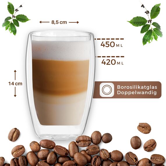 LAPRESO® Latte Macchiato Gläser doppelwandig 6er Set 450ml - Doppelwandige Gläser modernes Design Cappuccino Tassen Teegläser aus Borosilikatglas