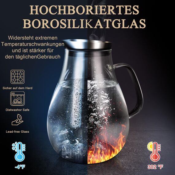 SUSTEAS 2 Liter 70 Unzen Glas Karaffe Krug mit Deckel und Auslauf, Wasserkaraffe, Eistee Krug, Saft Krug, für hausgemachte Getränke/Eistee/Milch/Kaffee/Wein