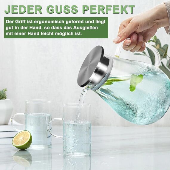 SUSTEAS 2.5 Liter 75oz Wasserkaraffe, Glaskaraffe mit Deckel und Breitem Griff, Leicht zu Reinigender Glas Karaffe für den Kühlschrank, Wasserkrug für Kaltes/Heißes Wasser, Eistee, Mit Bürste