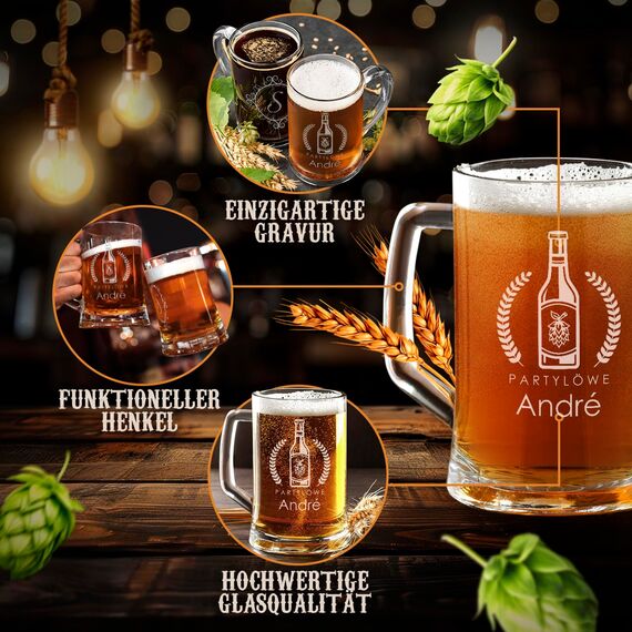 Maverton Bierkrug mit Gravur - Personalisierte Geschenke Männer - 500 ml - Geburtstagsgeschenk für Herren Bierglas Papa - Geschenkidee für Bierfreunde - Weihnachtsgeschenke - Partylöwe
