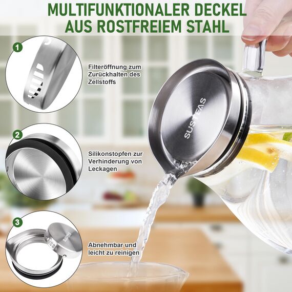 SUSTEAS 2 Liter 70 Unzen Glas Karaffe Krug mit Deckel und Auslauf, Wasserkaraffe, Eistee Krug, Saft Krug, für hausgemachte Getränke/Eistee/Milch/Kaffee/Wein