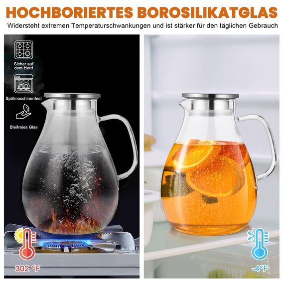 SUSTEAS 3.0 Liter 101 Unzen Wasserkaraffe, Glaskaraffe mit Deckel und Breitem Griff, Leicht zu Reinigender Glaskaraffe für den Kühlschrank, Wasserkrug für Eistee/Milch/Kaffee/Wein, Karaffen Mit Bürste