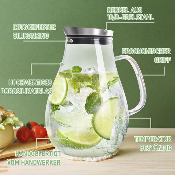 SUSTEAS 2 Liter 70 Unzen Glas Karaffe Krug mit Deckel und Auslauf, Wasserkaraffe, Eistee Krug, Saft Krug, für hausgemachte Getränke/Eistee/Milch/Kaffee/Wein