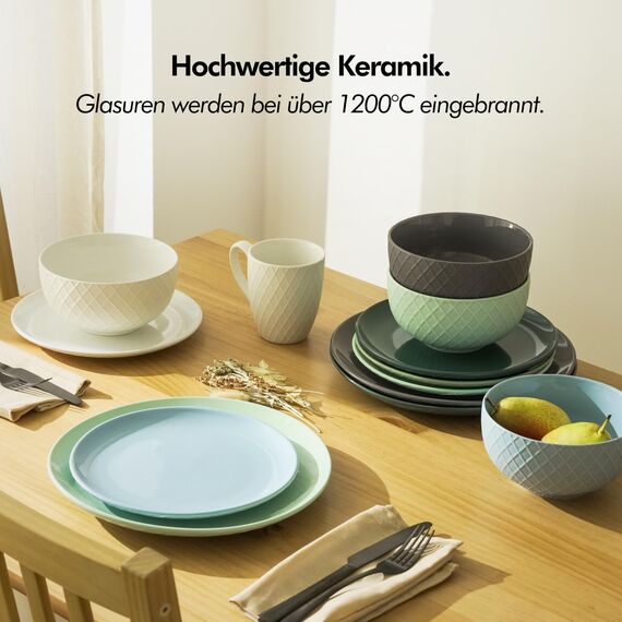 KIVY Geschirrset 6 Personen [Kratz & Spülmaschinenfest] 6x27cm + 6x22cm - Teller Set 12-teilig modern - Geschirr Set - Kombiservice - Geschirrset grün - Speiseteller - Essteller - Essgeschirr