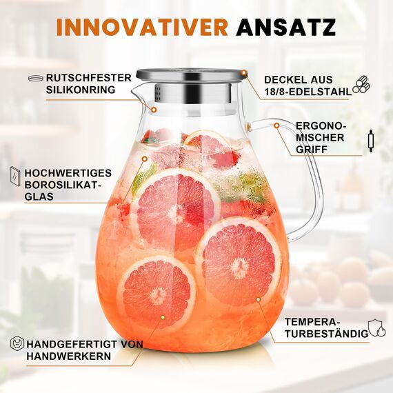 SUSTEAS 3.0 Liter 101 Unzen Wasserkaraffe, Glaskaraffe mit Deckel und Breitem Griff, Leicht zu Reinigender Glaskaraffe für den Kühlschrank, Wasserkrug für Eistee/Milch/Kaffee/Wein, Karaffen Mit Bürste