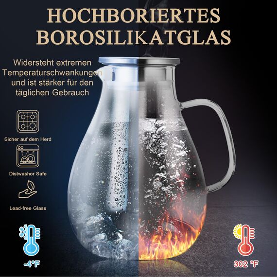 SUSTEAS 2.5 Liter 75oz Wasserkaraffe, Glaskaraffe mit Deckel und Breitem Griff, Leicht zu Reinigender Glas Karaffe für den Kühlschrank, Wasserkrug für Kaltes/Heißes Wasser, Eistee, Mit Bürste