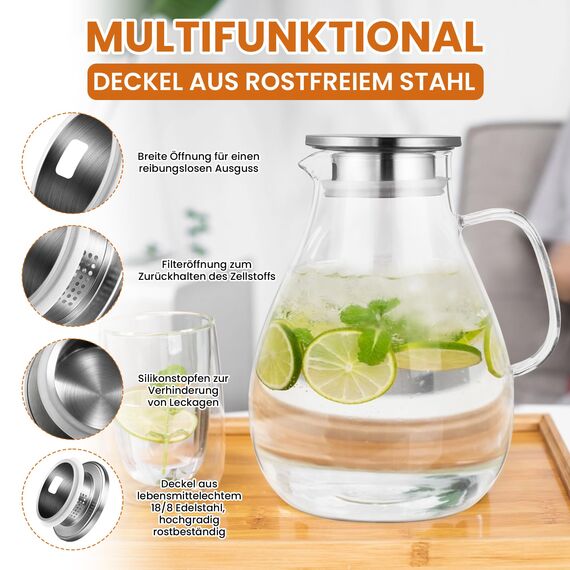 SUSTEAS 3.0 Liter 101 Unzen Wasserkaraffe, Glaskaraffe mit Deckel und Breitem Griff, Leicht zu Reinigender Glaskaraffe für den Kühlschrank, Wasserkrug für Eistee/Milch/Kaffee/Wein, Karaffen Mit Bürste