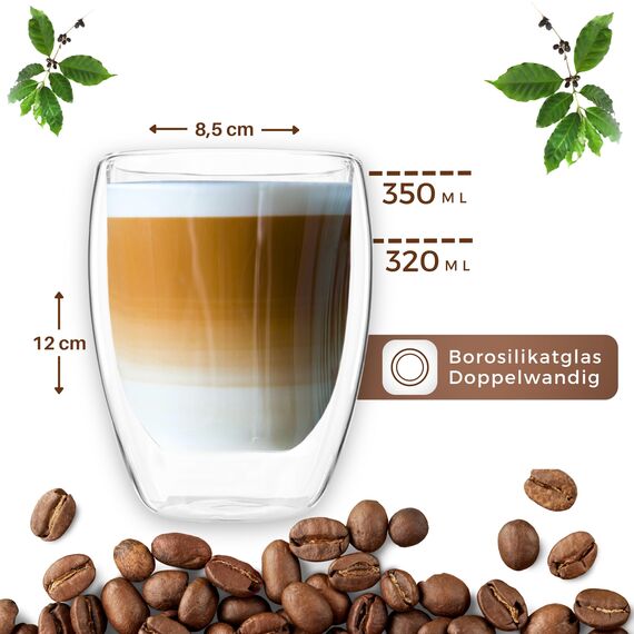 LAPRESO® Latte Macchiato Gläser doppelwandig 6er Set 350ml - Doppelwandige Gläser modernes Design Cappuccino Tassen Teegläser aus Borosilikatglas