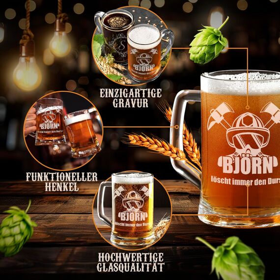 Maverton Bierkrug mit Gravur - personalisiert - 500 ml - Geburtstagsgeschenk für Herren - Geschenkidee für Bierfreunde - Weihnachtsgeschenke - Feuerwehrmann
