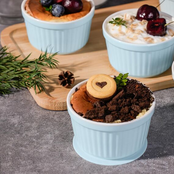 Highkit Creme Brulee Schälchen 6 Stück, 9 cm - 200 ml Souffle Förmchen Backofenfest, Souffleeförmchen Schüsseln, Creme Brulee Schalen, Keramikförmchen Ofenfeste Förmchen, Ragout Fin Schalen,Blau